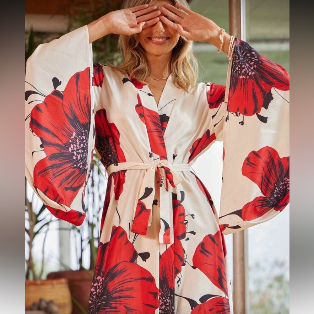 Boho Floral Print Flare Long Sleeve Kimono Robe Cover Up Red and White